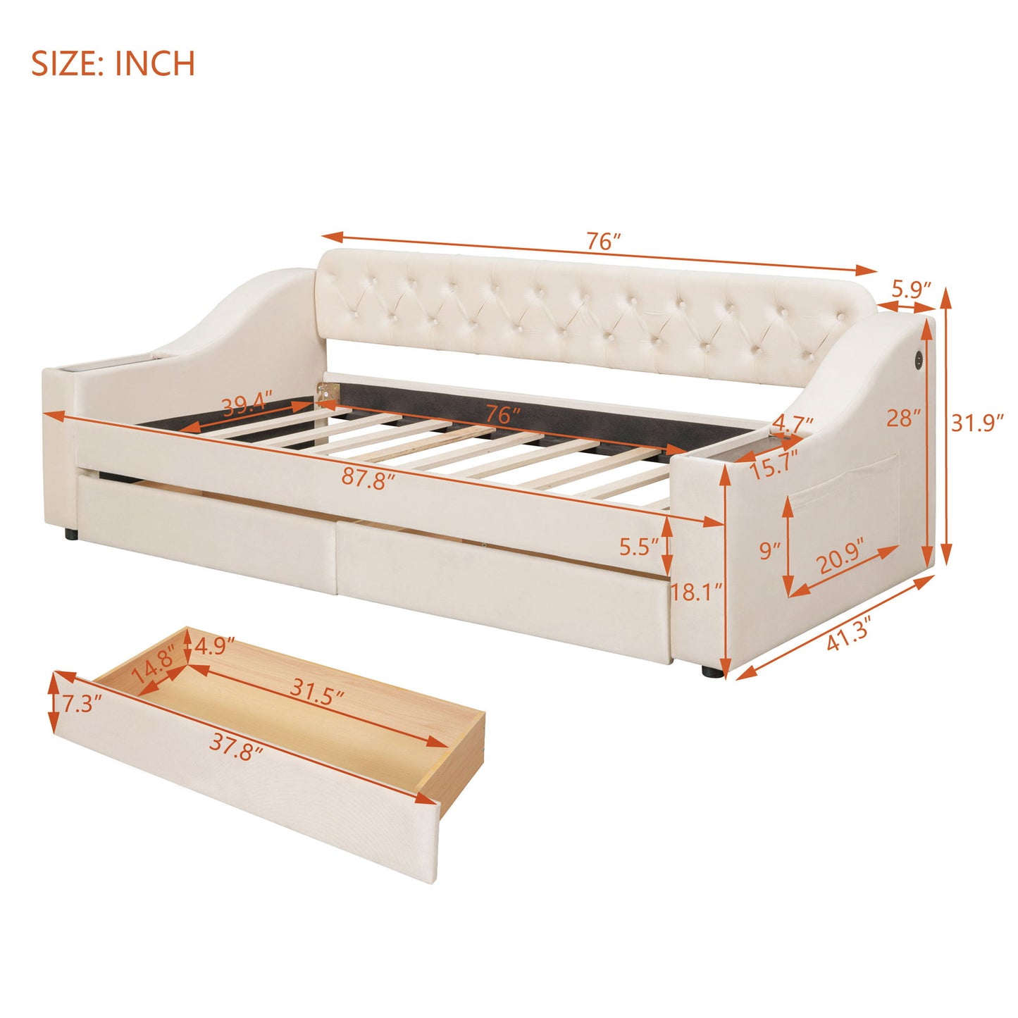 Upholstered Daybed With Storage Armrests And USB Port - The Sleep Loft - Online Mattress Showroom NYC
