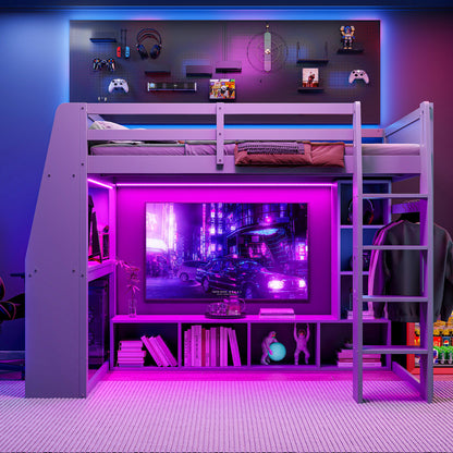 Gaming Loft Bed With Desk, Multi Storage Shelves, LED Lighting, And Hanging Clothes Rack - The Sleep Loft - Online Mattress Showroom NYC