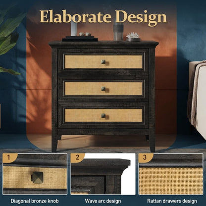 Nightstand With 3 Drawers, Tall End Table - Brown