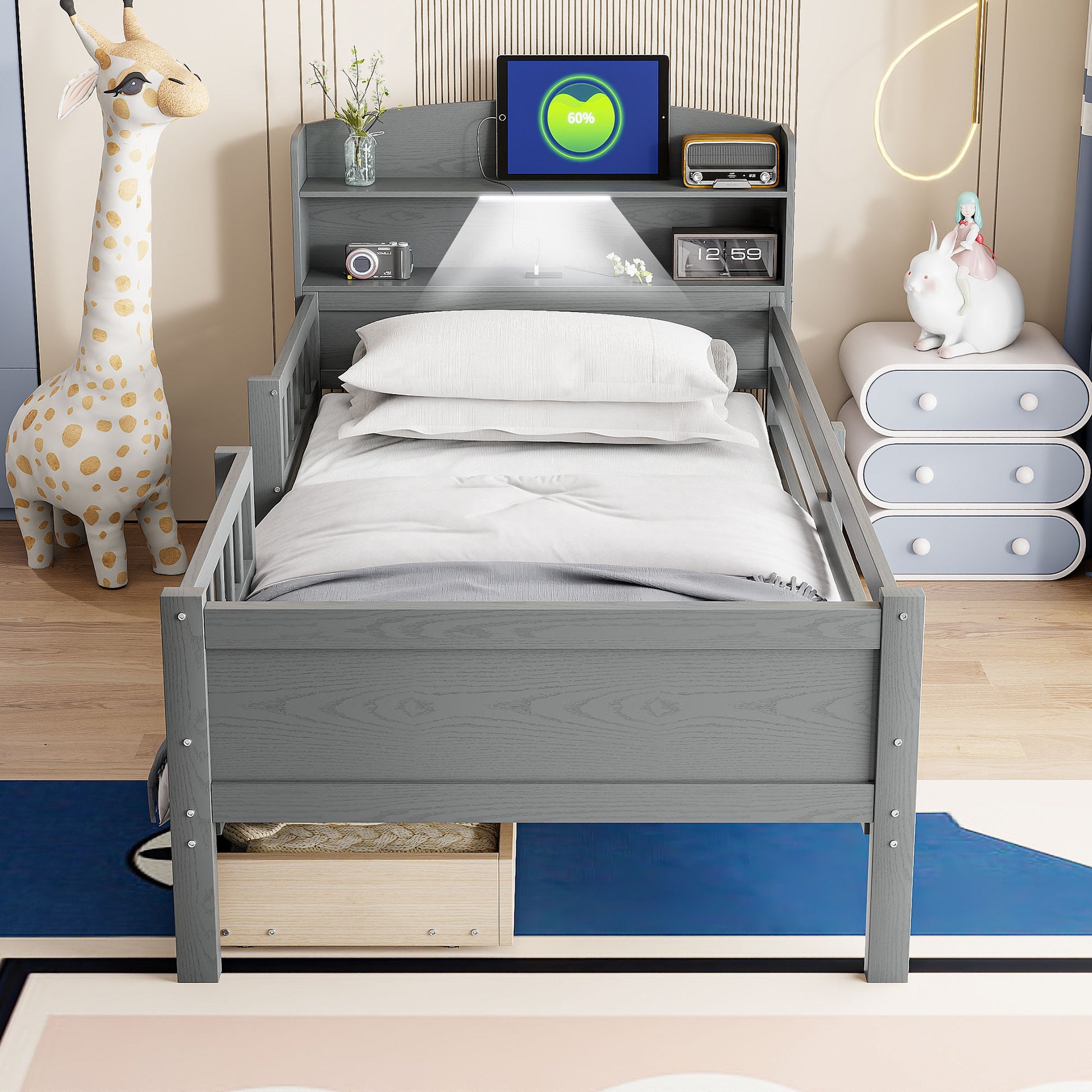 Platform Bed With LED Light, Multi Functional Headboard, Guardrail And 2 Drawers - The Sleep Loft - Online Mattress Showroom NYC