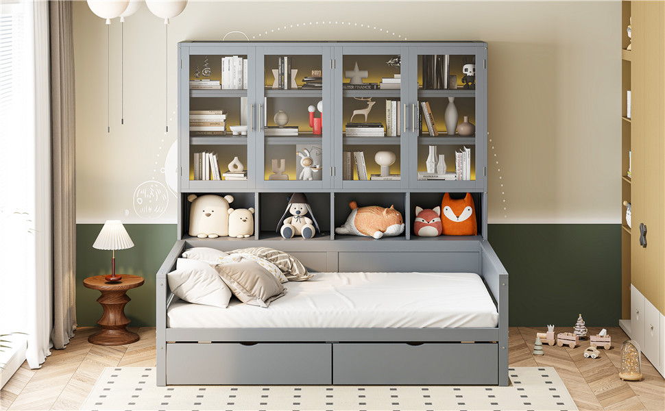 Daybed With Glass Door Storage Cabinets, Built In LED Lighting And Shelves - The Sleep Loft - Online Mattress Showroom NYC
