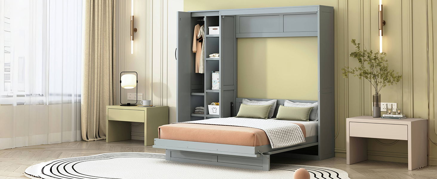 Murphy Wall Bed With Shelves, Wardrobe And LED Lights - The Sleep Loft - Online Mattress Showroom NYC