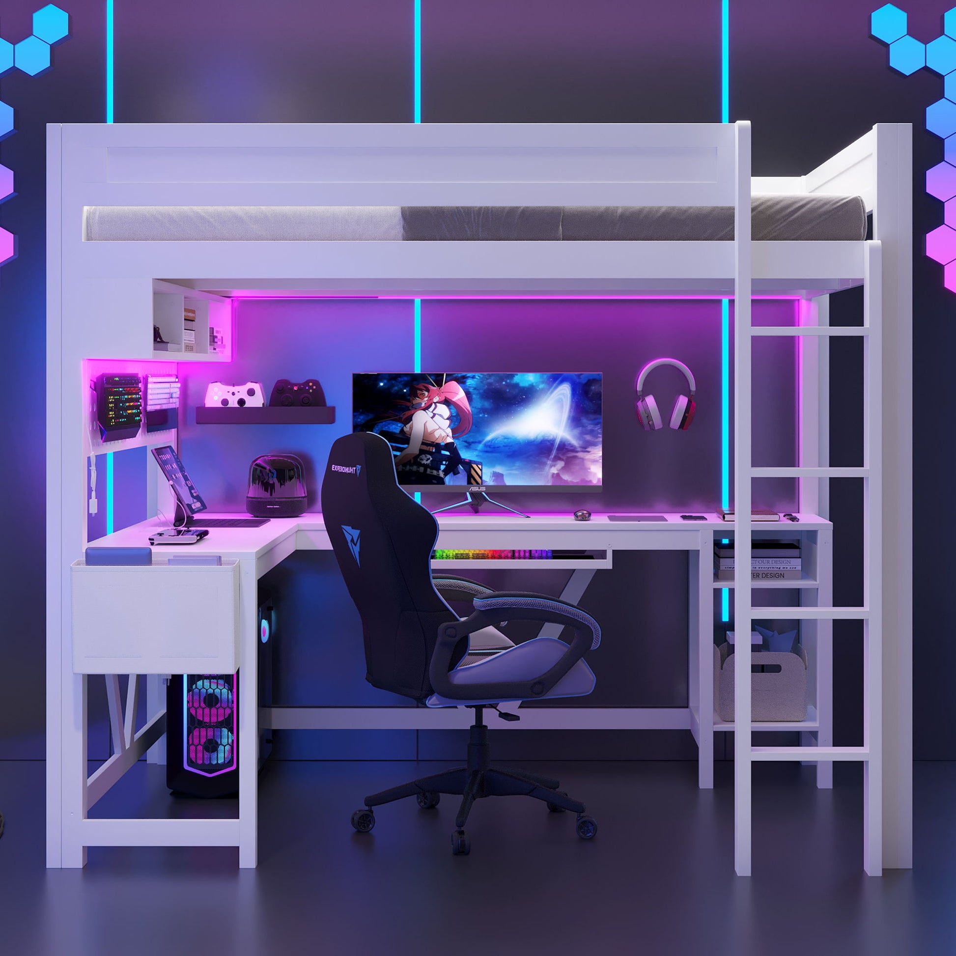 Gaming Loft Bed With Desk, Storage Shelves, LED And Charging Station - The Sleep Loft - Online Mattress Showroom NYC