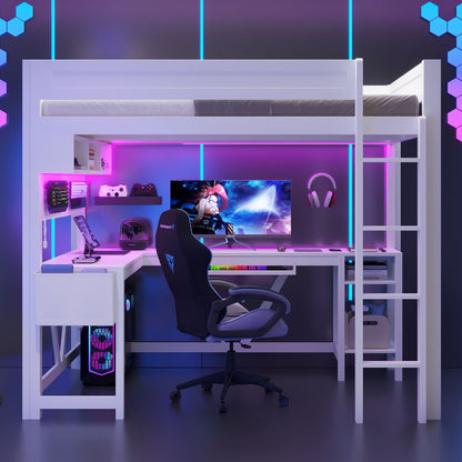Gaming Loft Bed With Desk, Storage Shelves, LED And Charging Station - The Sleep Loft - Online Mattress Showroom NYC