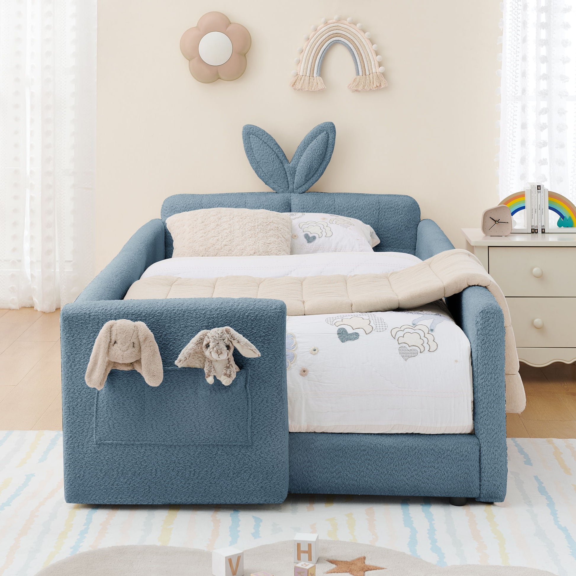 Cute Rabbit Ear Upholstered Platform Bed Frame With Safety Rail - The Sleep Loft - Online Mattress Showroom NYC