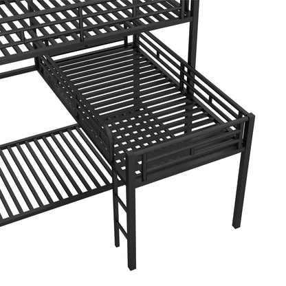 L-Shaped Triple Twin Size Bunk Bed, Industrial Design With Integrated Ladder And Full Length Guardrails - Black - The Sleep Loft - Online Mattress Showroom NYC