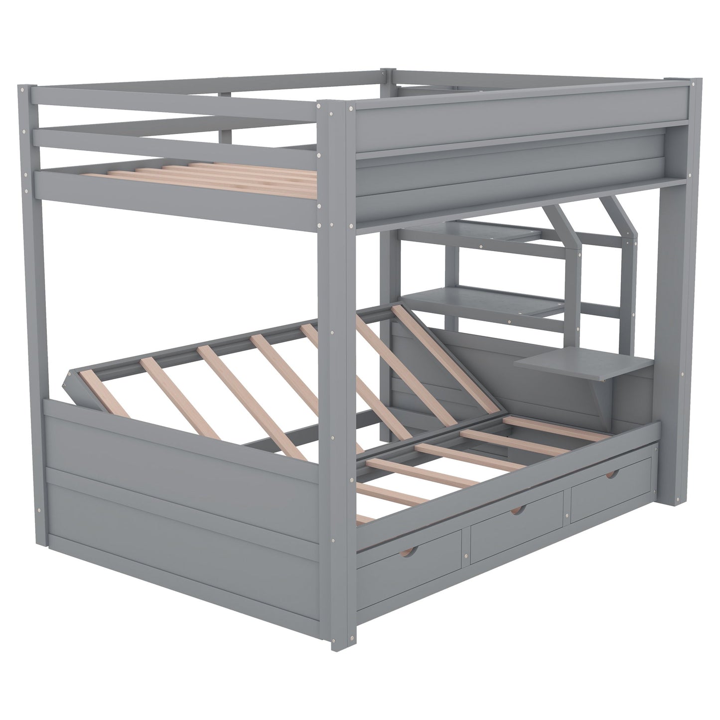 Wood Full Size Convertible Bunk Bed With Storage Staircase, Bedside Table, And 3 Drawers - Gray - The Sleep Loft - Online Mattress Showroom NYC