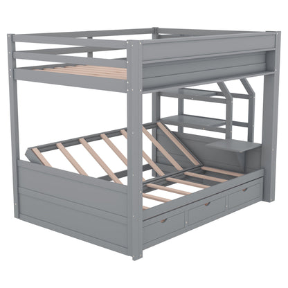 Wood Full Size Convertible Bunk Bed With Storage Staircase, Bedside Table, And 3 Drawers - Gray - The Sleep Loft - Online Mattress Showroom NYC