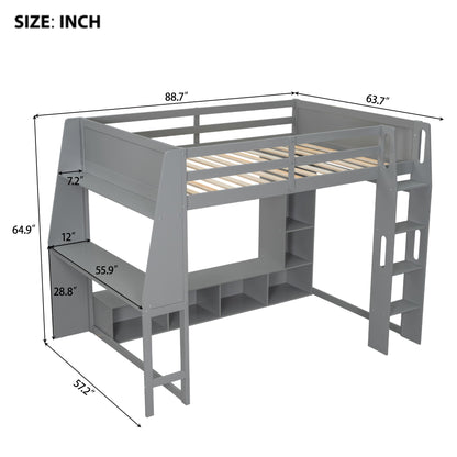 Full Size Gaming Loft Bed With Desk, Multi Storage Shelves, LED Lighting, And Hanging Clothes Rack - Gray - The Sleep Loft - Online Mattress Showroom NYC