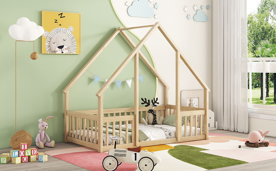 Wood House-Shaped Floor Bed With Fence, Guardrails - The Sleep Loft - Online Mattress Showroom NYC