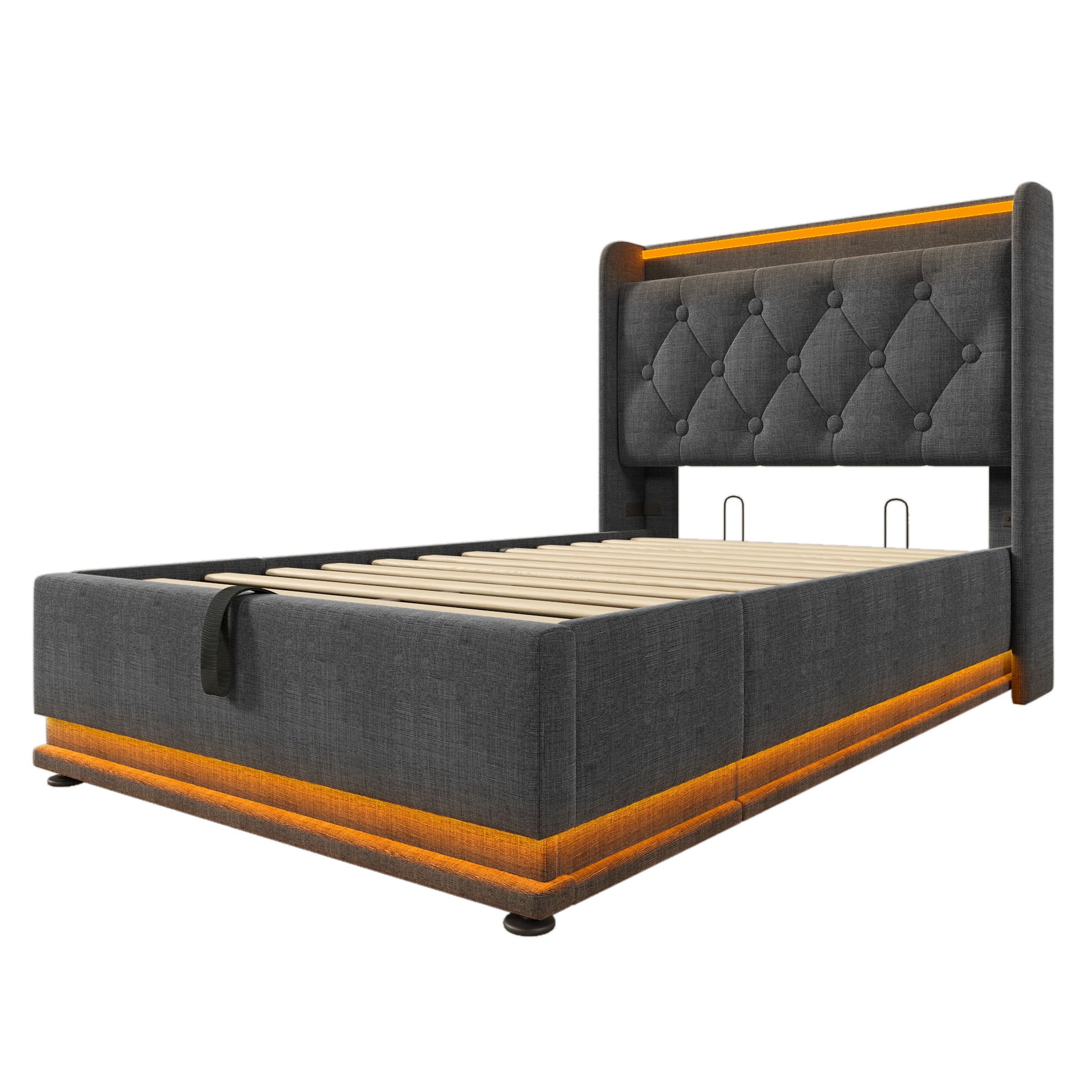 Upholstered Bed, 360 Surround LED Function, Remote Control, Hydraulic Storage Bed With USB, Type-C Charging (Without Mattress) - The Sleep Loft - Online Mattress Showroom NYC