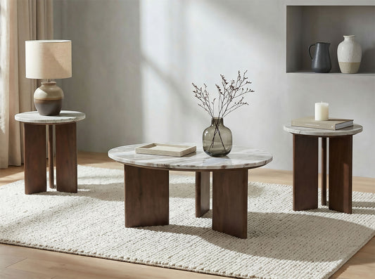 Jenna 3-piece Round Marble Top Coffee Table Set Brown - The Sleep Loft - Online Mattress Showroom NYC