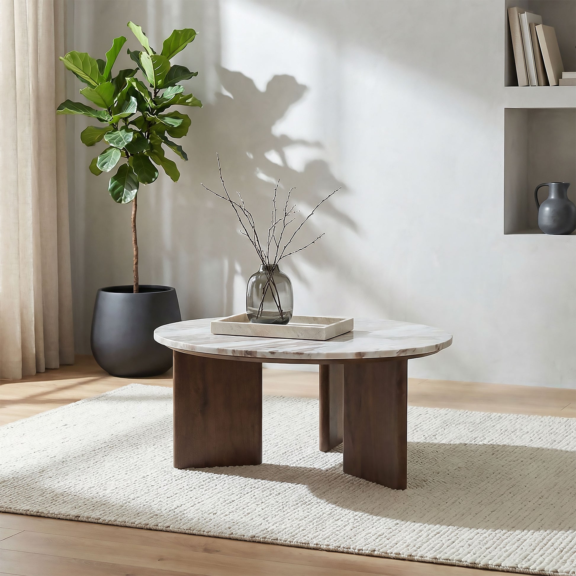 Jenna 35-inch Round Marble Top Cocktail Coffee Table Brown