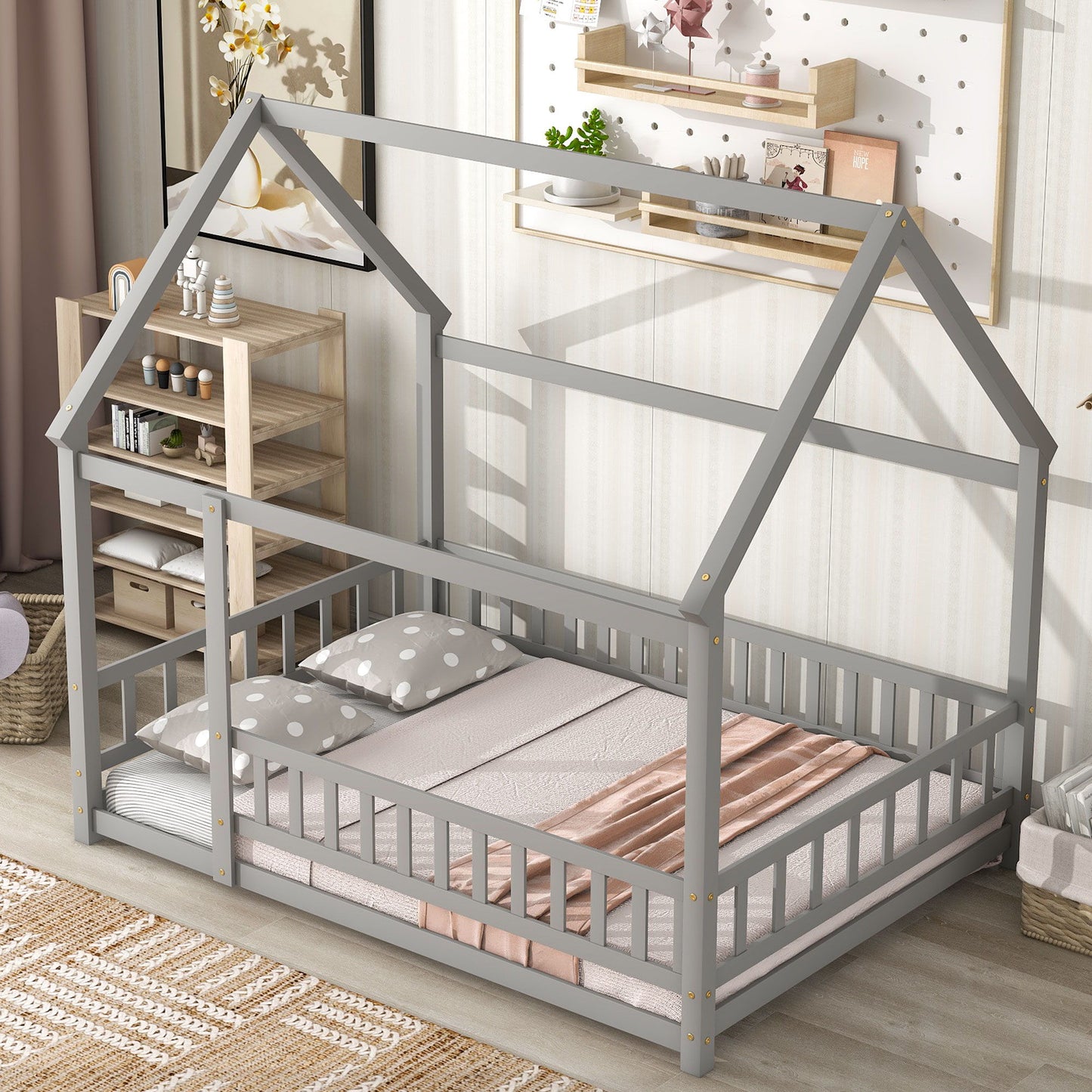 Floor Wooden Bed With House Roof Frame, Fence Guardrails - The Sleep Loft - Online Mattress Showroom NYC