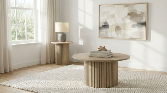 Hamlyn 2-piece Round Fluted Coffee and End Table Set Natural Oak - The Sleep Loft - Online Mattress Showroom NYC
