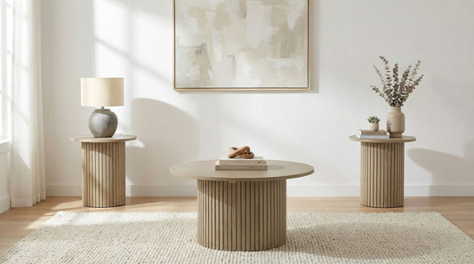 Hamlyn 3-piece Round Fluted Coffee and End Table Set Natural Oak - The Sleep Loft - Online Mattress Showroom NYC