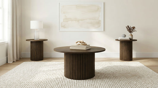 Hamlyn 3-piece Round Fluted Coffee and End Table Set Walnut - The Sleep Loft - Online Mattress Showroom NYC