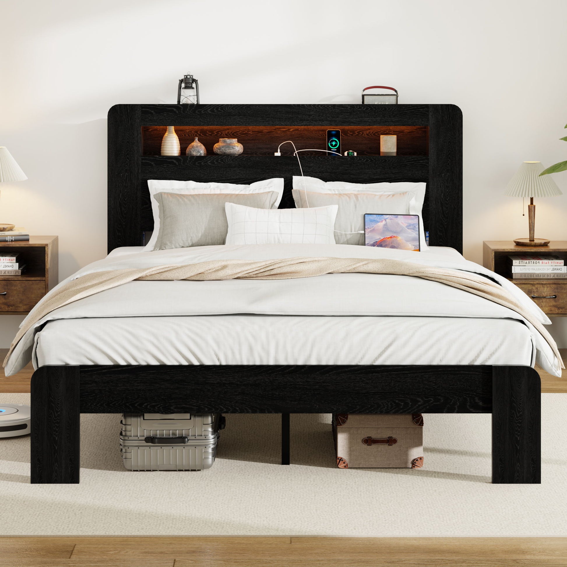 Wood Platform Bed Frame With Storage LED Light Headboard & USB - The Sleep Loft - Online Mattress Showroom NYC