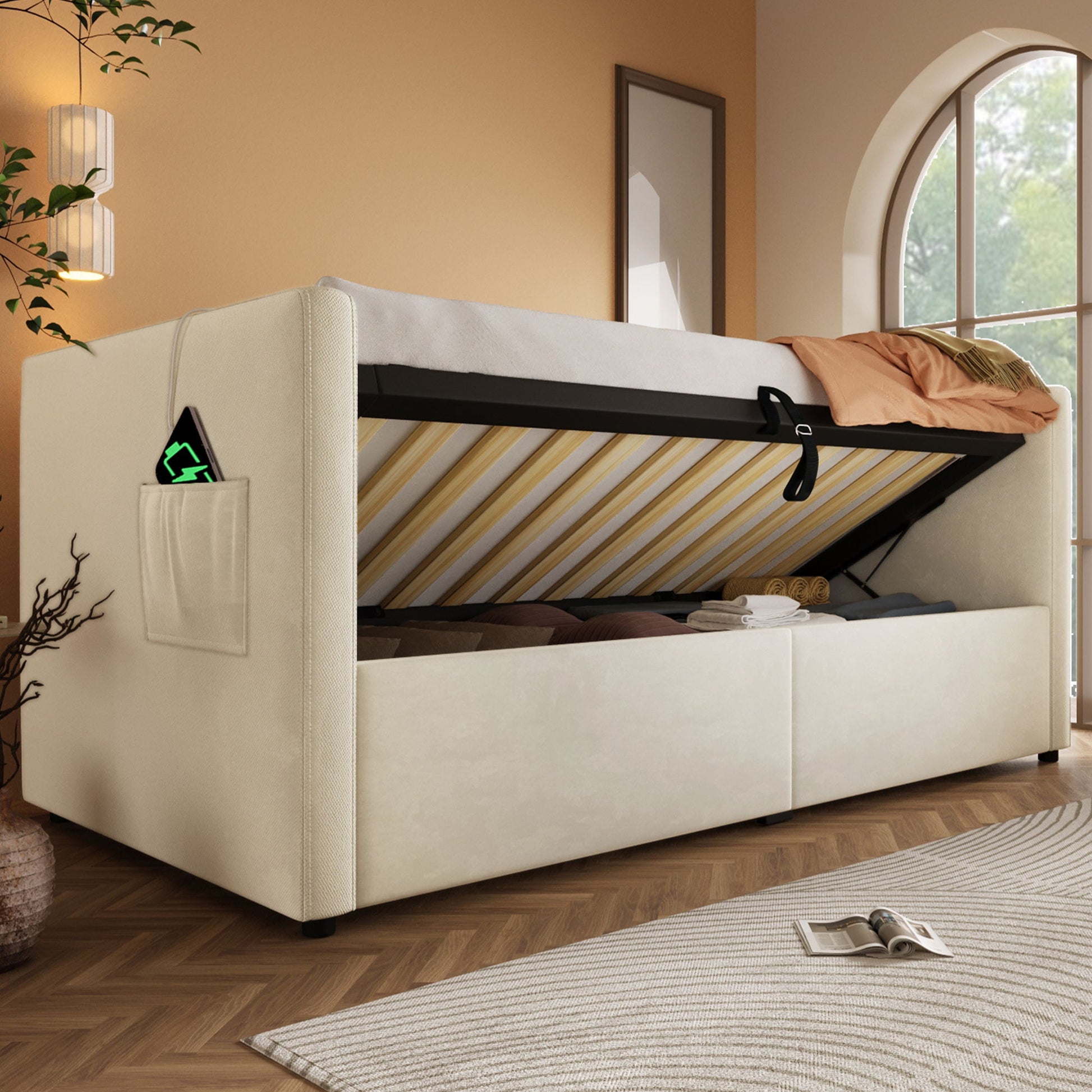 Upholstered Hydraulic Storage Daybed With USB & Type C Charging - The Sleep Loft - Online Mattress Showroom NYC