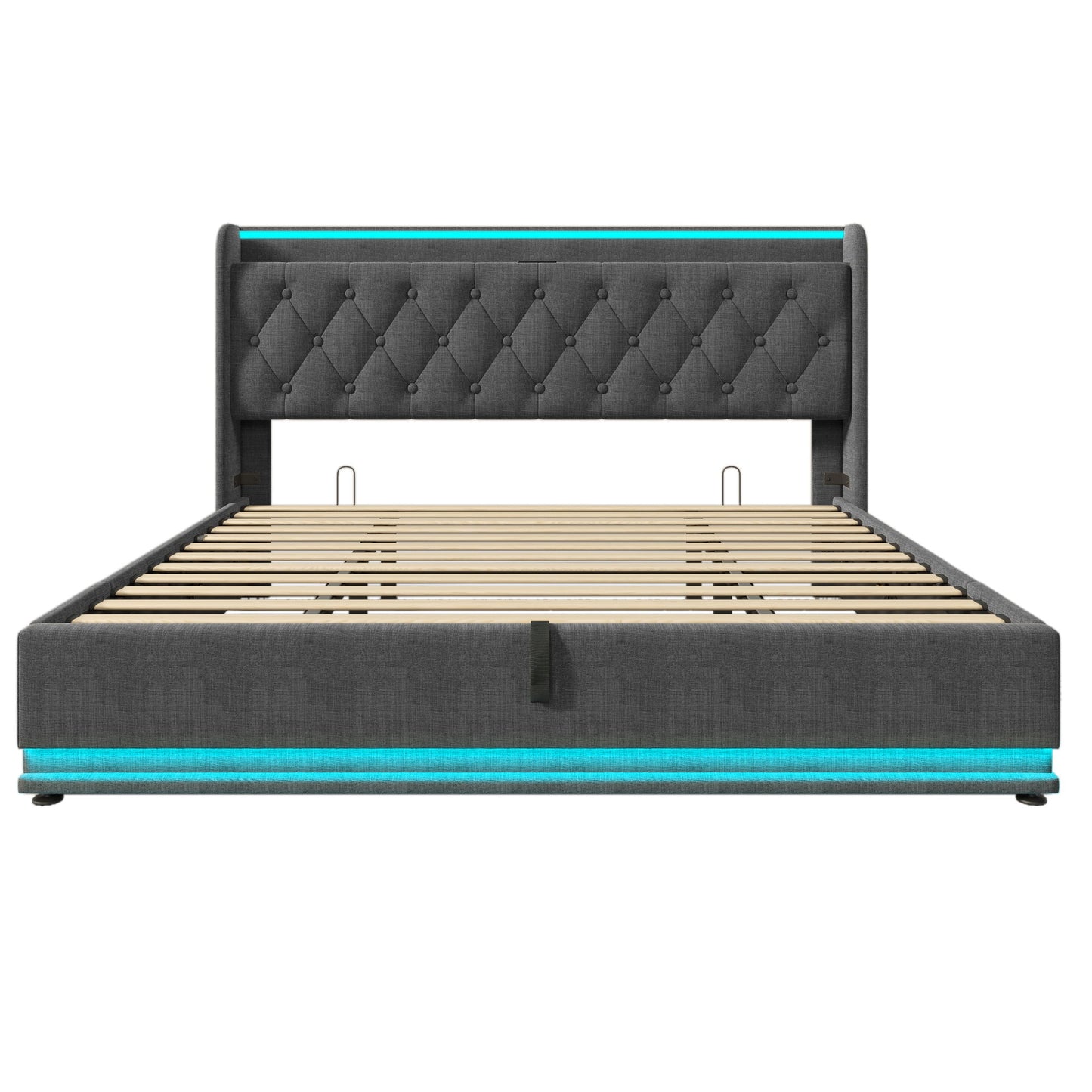 Upholstered Bed, 360 Surround LED Function, Remote Control, Hydraulic Storage Bed With USB, Type-C Charging (Without Mattress) - The Sleep Loft - Online Mattress Showroom NYC