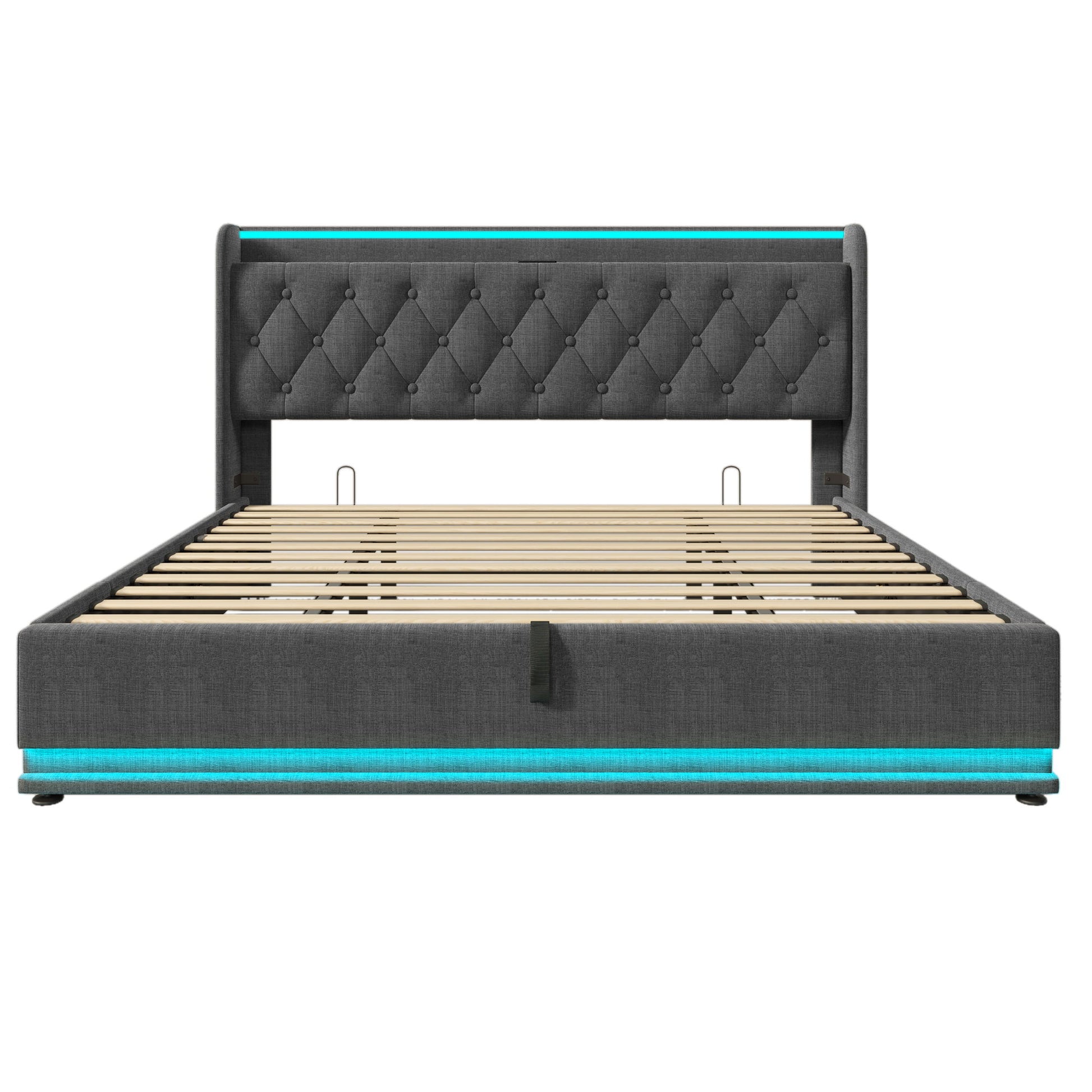 Upholstered Bed, 360 Surround LED Function, Remote Control, Hydraulic Storage Bed With USB, Type-C Charging (Without Mattress) - The Sleep Loft - Online Mattress Showroom NYC