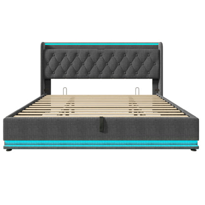 Upholstered Bed, 360 Surround LED Function, Remote Control, Hydraulic Storage Bed With USB, Type-C Charging (Without Mattress) - The Sleep Loft - Online Mattress Showroom NYC