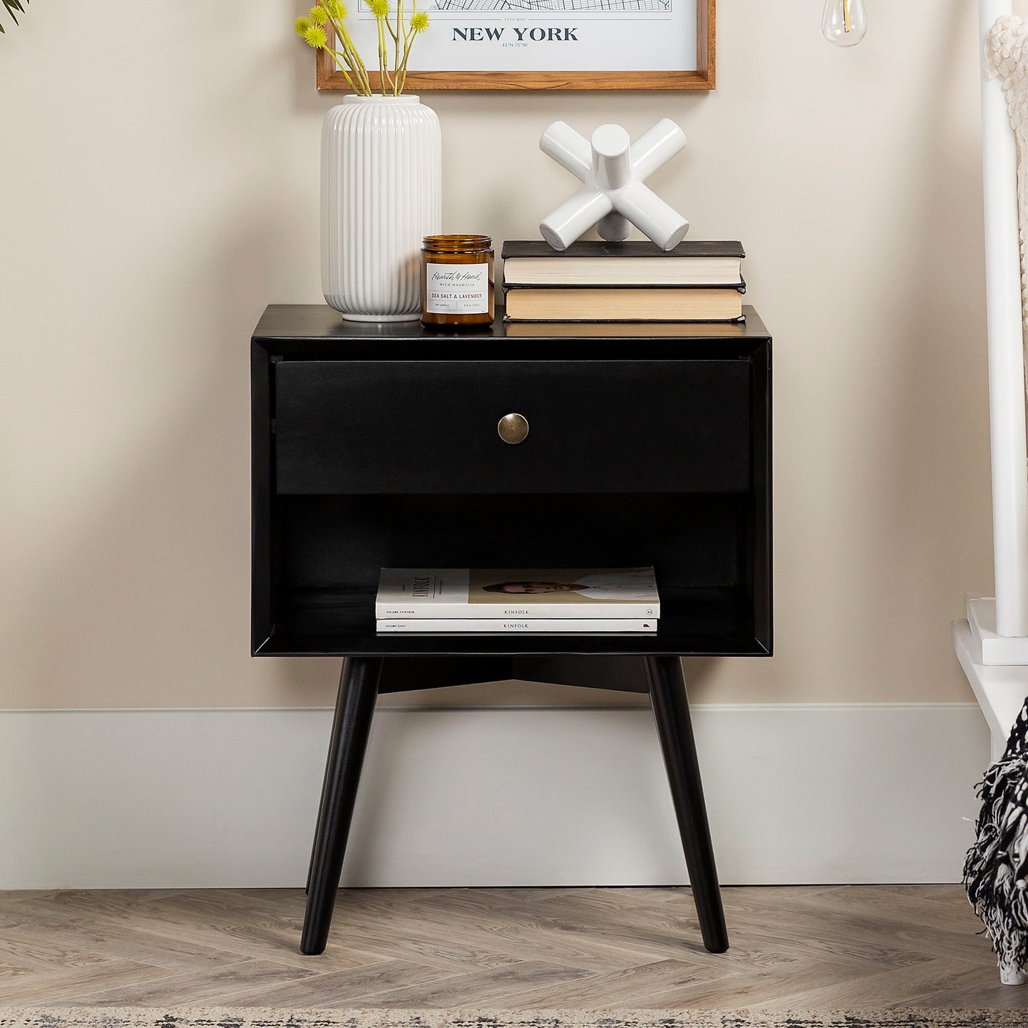 Mid-Century Modern Single Drawer Solid Wood Nightstand - The Sleep Loft - Online Mattress Showroom NYC