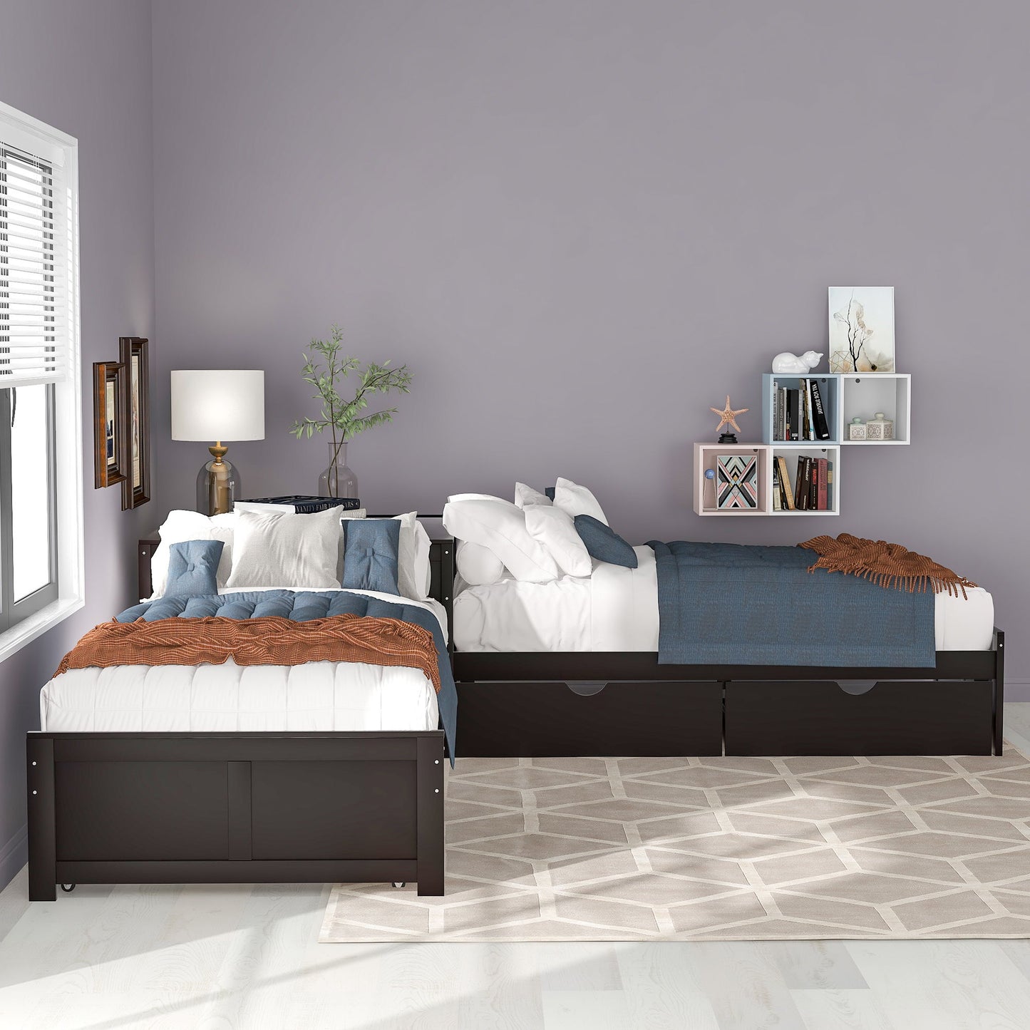 L Shaped Platform Bed With Trundle And Drawers Linked With Built In Desk - The Sleep Loft - Online Mattress Showroom NYC