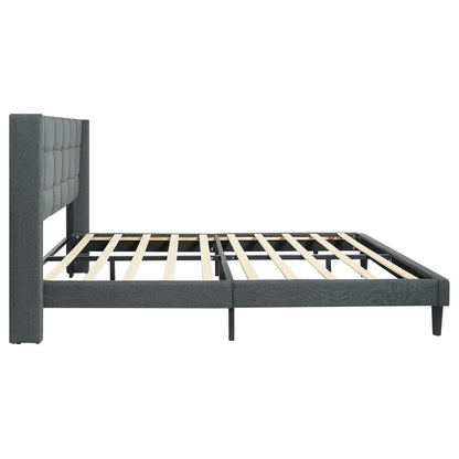 Queen Size Upholstered Platform Bed Frame With Button Tufted Linen Fabric Headboard - Dark Gray - The Sleep Loft - Online Mattress Showroom NYC