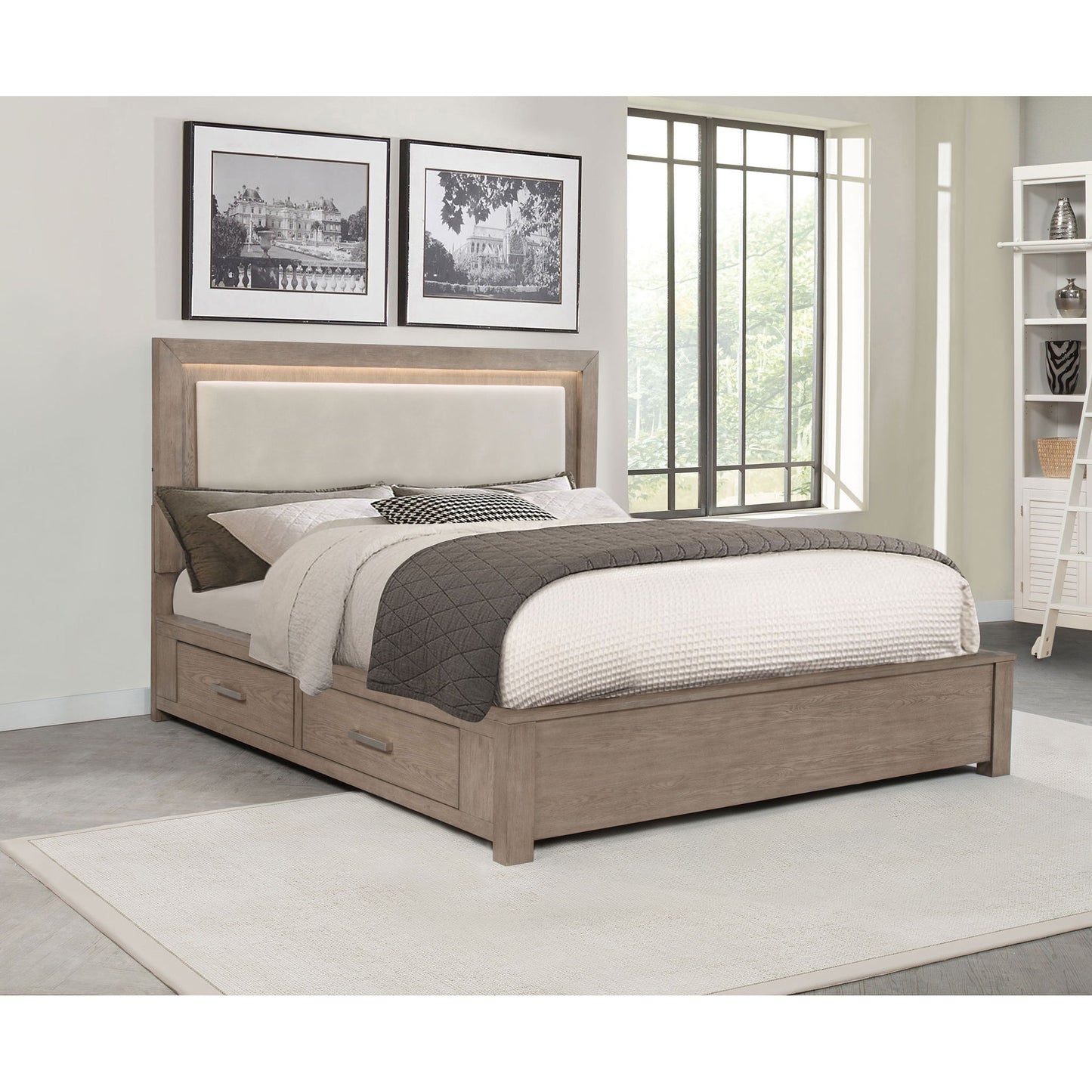 Gibbons - Barley California King LED Storage Bed With Upholstered Headboard And Built In Lighting - Brown