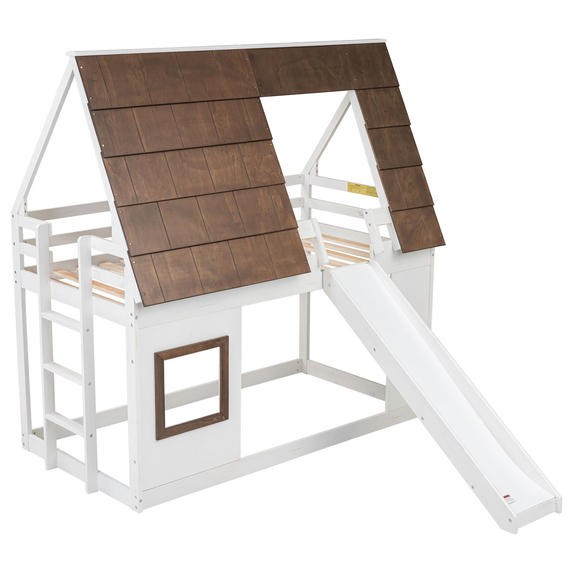 Wood Twin Size House Bunk Bed With Roof, Ladder And Slide - White / Brown - The Sleep Loft - Online Mattress Showroom NYC
