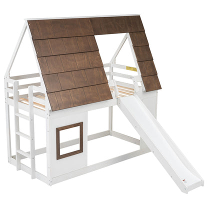 Wood Twin Size House Bunk Bed With Roof, Ladder And Slide - White / Brown - The Sleep Loft - Online Mattress Showroom NYC