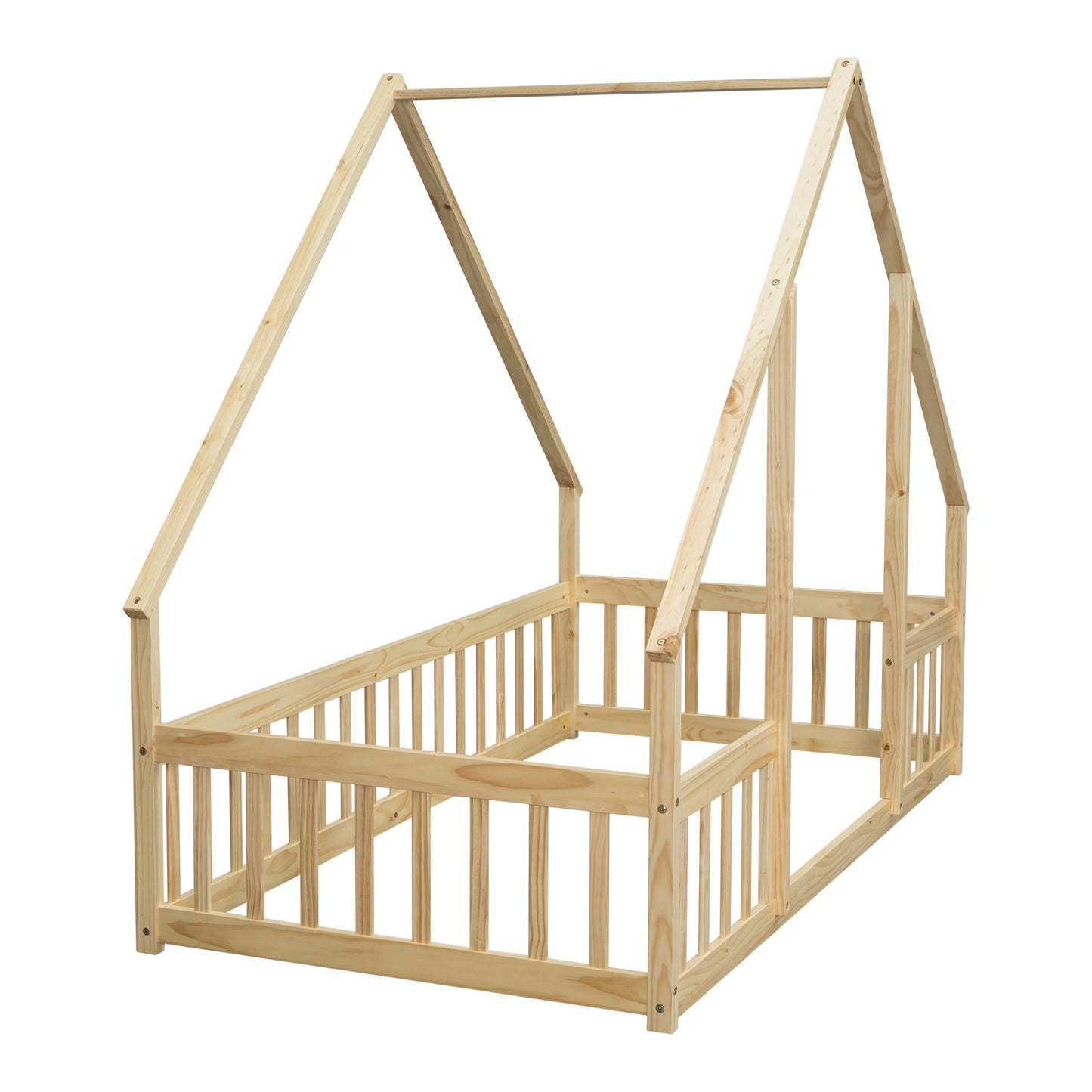 Wood House-Shaped Floor Bed With Fence, Guardrails - The Sleep Loft - Online Mattress Showroom NYC