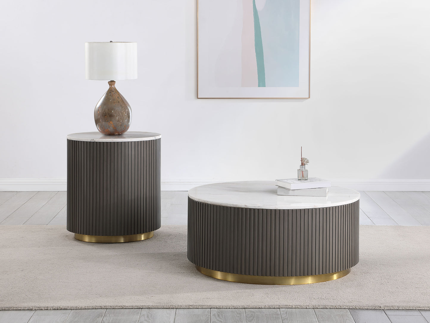 Jason Round White Marble Top Side End Table Charcoal