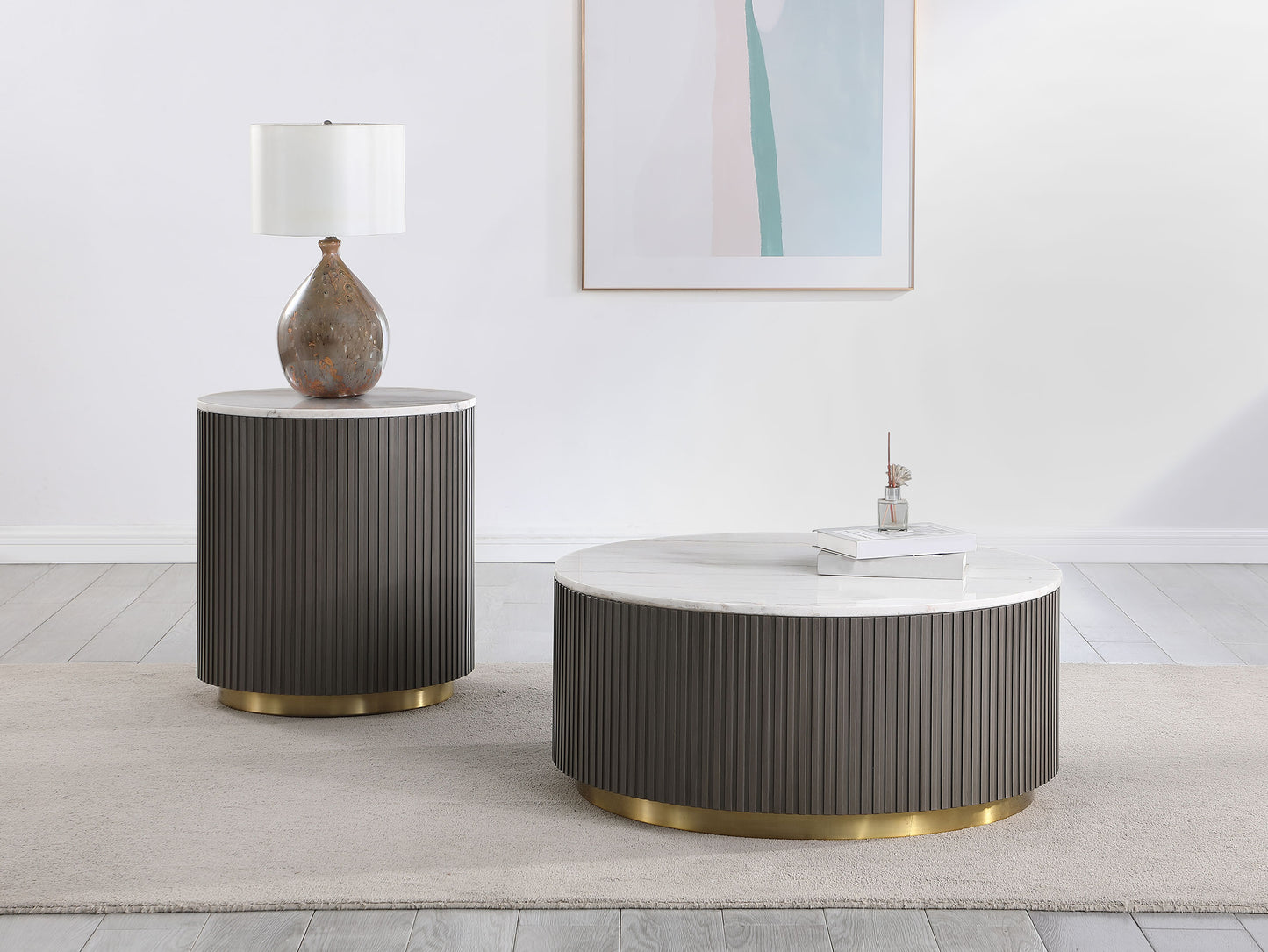 Jason 2-piece Round White Marble Coffee Table Set Charcoal