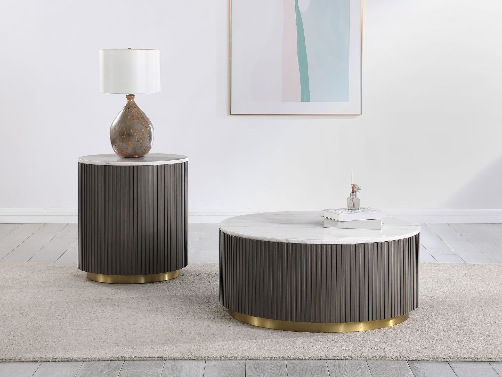 Jason 2-piece Round White Marble Coffee Table Set Charcoal