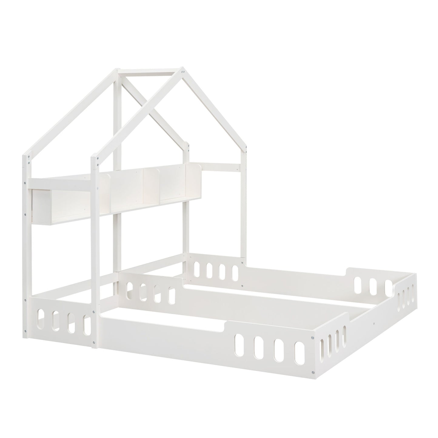 Twin Size Platform Bed With Shared Design, Guardrails, And Built In Shelves - Creamy White - The Sleep Loft - Online Mattress Showroom NYC