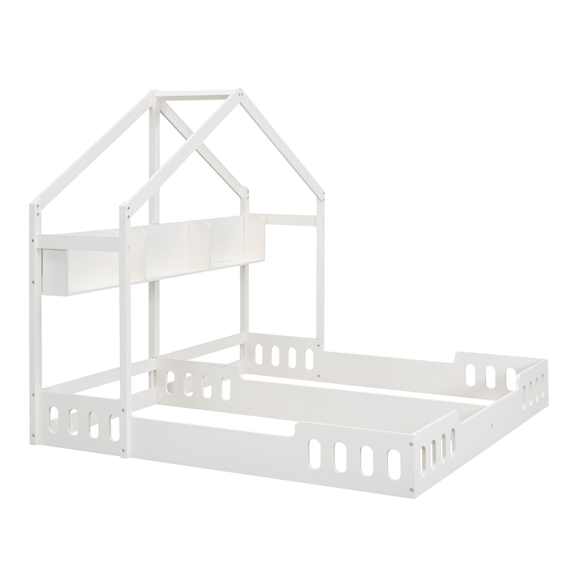 Twin Size Platform Bed With Shared Design, Guardrails, And Built In Shelves - Creamy White - The Sleep Loft - Online Mattress Showroom NYC
