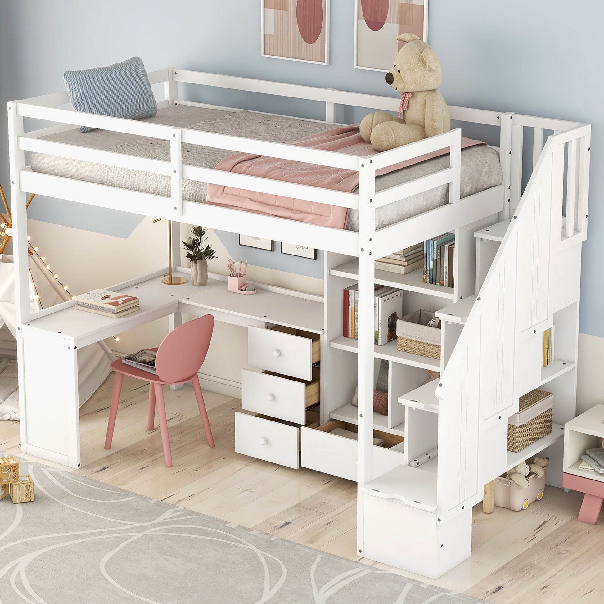 Loft Bed With L Shaped Desk, Drawers, Cabinet, And Storage Staircase - The Sleep Loft - Online Mattress Showroom NYC