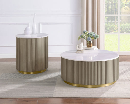 Jason 2-piece Round White Marble Coffee Table Set Greige - The Sleep Loft - Online Mattress Showroom NYC