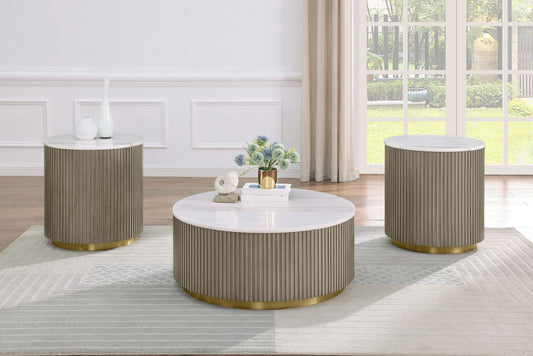 Jason 3-piece Round White Marble Coffee Table Set Greige - The Sleep Loft - Online Mattress Showroom NYC