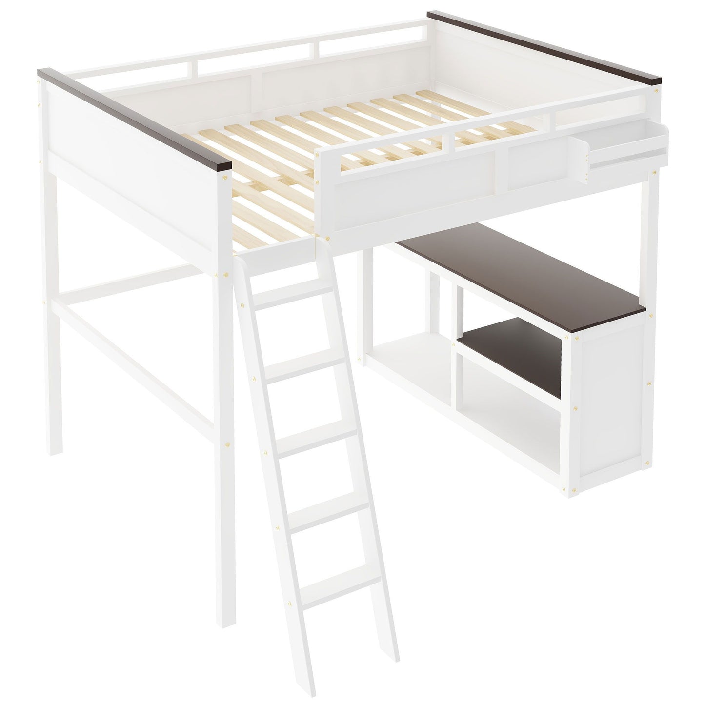 Queen Size Loft Bed With Desk, Open Shelf, Storage Box And USB Charging Station - White - The Sleep Loft - Online Mattress Showroom NYC