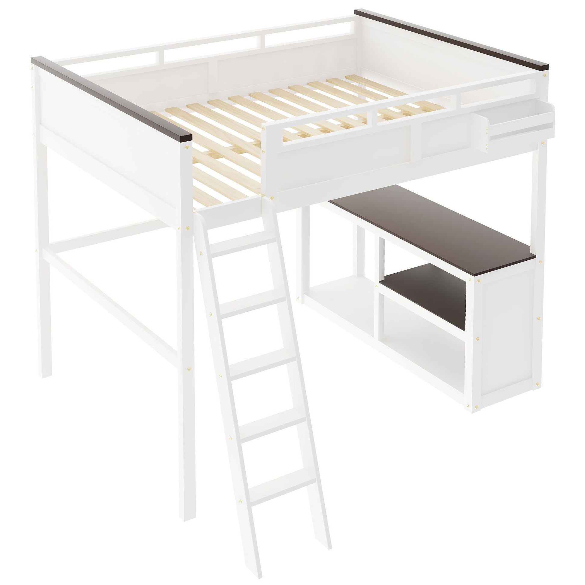Queen Size Loft Bed With Desk, Open Shelf, Storage Box And USB Charging Station - White - The Sleep Loft - Online Mattress Showroom NYC