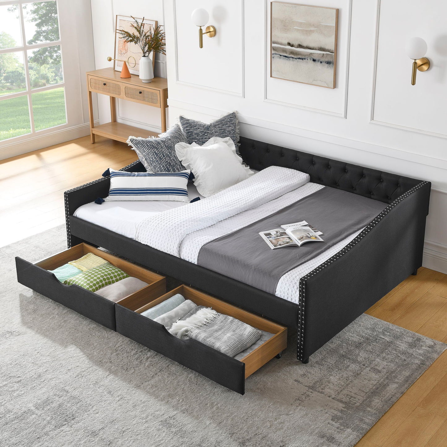 Upholstered Tufted Daybed With 2 Drawers, Waved Arms - The Sleep Loft - Online Mattress Showroom NYC