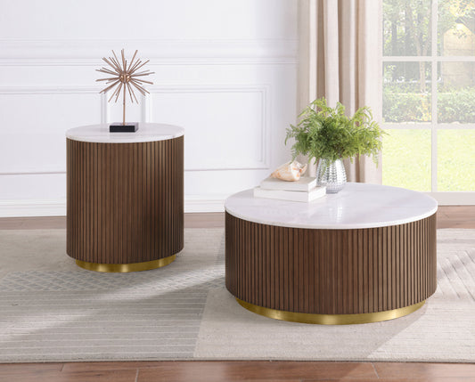 Jason 2-piece Round White Marble Coffee Table Set Honey Brown - The Sleep Loft - Online Mattress Showroom NYC