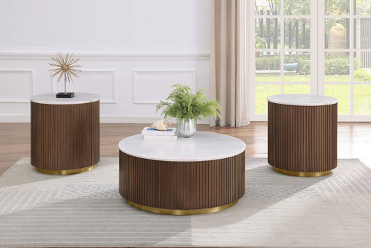 Jason 3-piece Round White Marble Coffee Table Set Honey Brown - The Sleep Loft - Online Mattress Showroom NYC