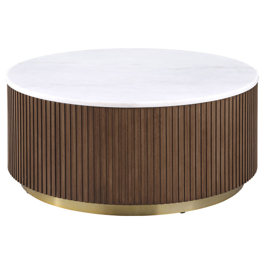 Jason Round White Marble Top Coffee Table Honey Brown - The Sleep Loft - Online Mattress Showroom NYC