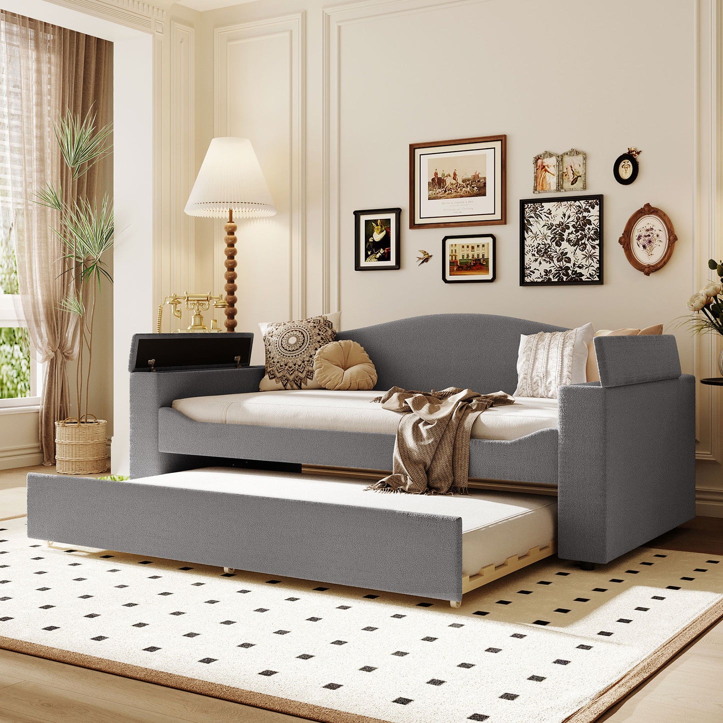 Upholstered Daybed With Storage Armrests, Trundle And Latest Integrated tooth Audio System - The Sleep Loft - Online Mattress Showroom NYC