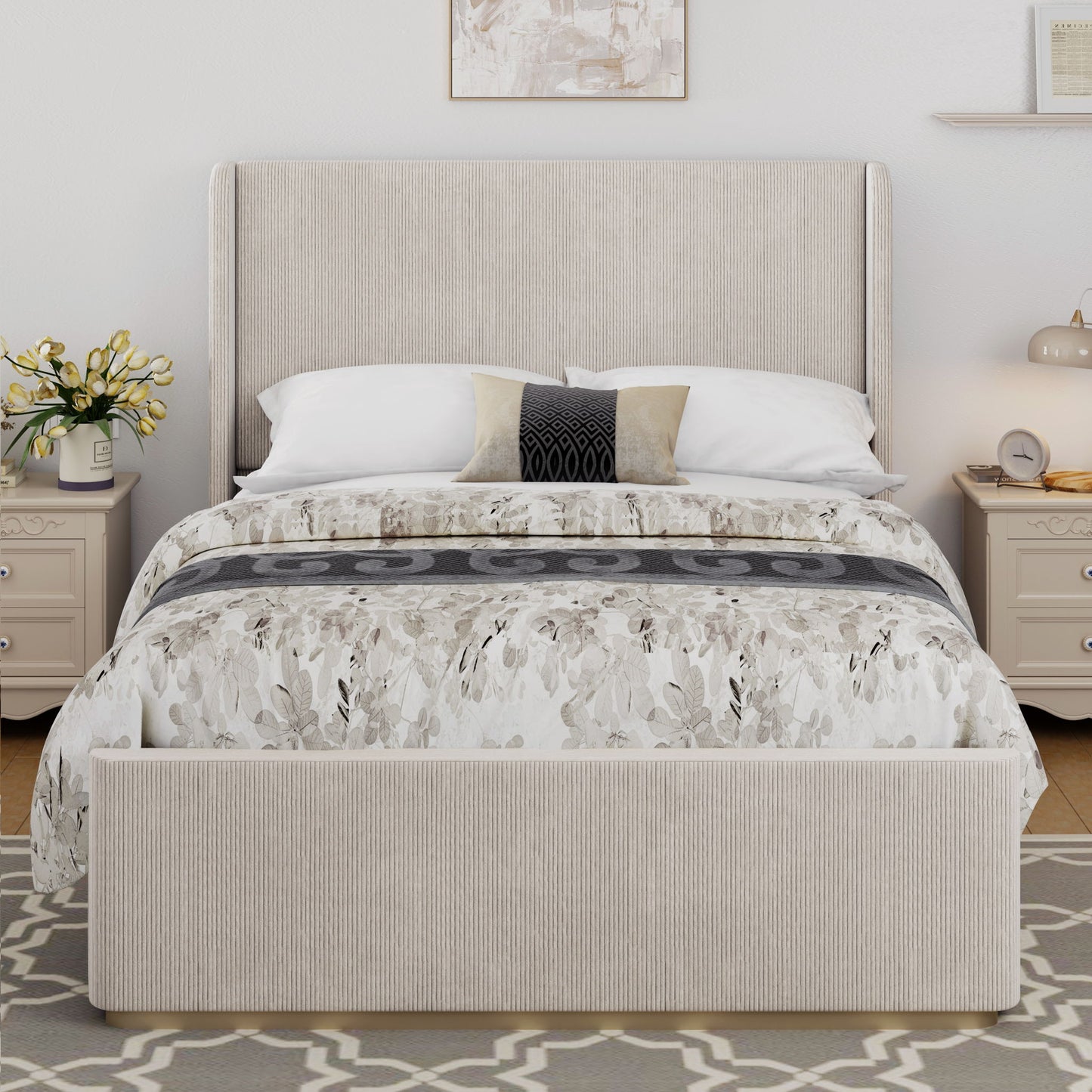 King Size Luxurious Corduroy Upholstered Bed Frame With Vertical Stripe Wingback Headboard And High Footboard - Light Gray - The Sleep Loft - Online Mattress Showroom NYC