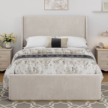 King Size Luxurious Corduroy Upholstered Bed Frame With Vertical Stripe Wingback Headboard And High Footboard - Light Gray - The Sleep Loft - Online Mattress Showroom NYC